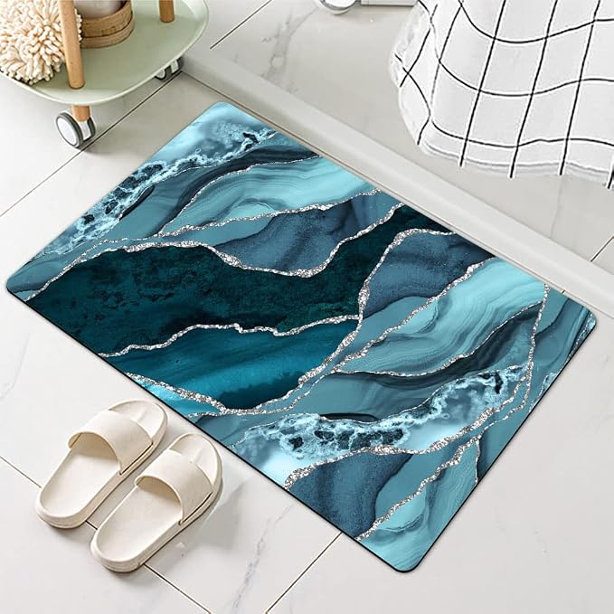 Diatomaceous Earth Bath Mat,Blue and Silver Marble Non-Slip Volume Super Absorbent Fast Drying for Bathroom Kitchen Door mat,Eco-Friendly Easy to Clean 17×27.5Inch (43 * 70cm)