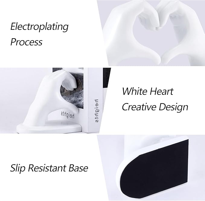 White Bookends, Heavy Duty Bookend Holder Decor, White Finger Heart Shaped, Modern Art Sculpture, Finger Home Decoration, Bookends Decorative, Boho Decor for Desktop Bedroom Study Room