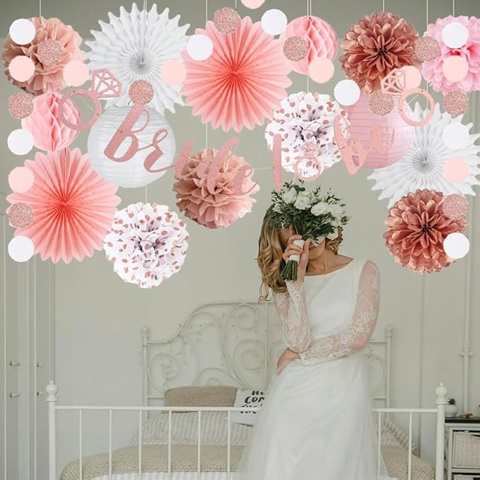 Pink Bridal Shower Decorations Rose Gold Bachelorette Party Decorations Rose Gold Bride To Be Banner Pink White Dusty Rose Paper Pom Poms Wedding Shower Engagement Party Decor