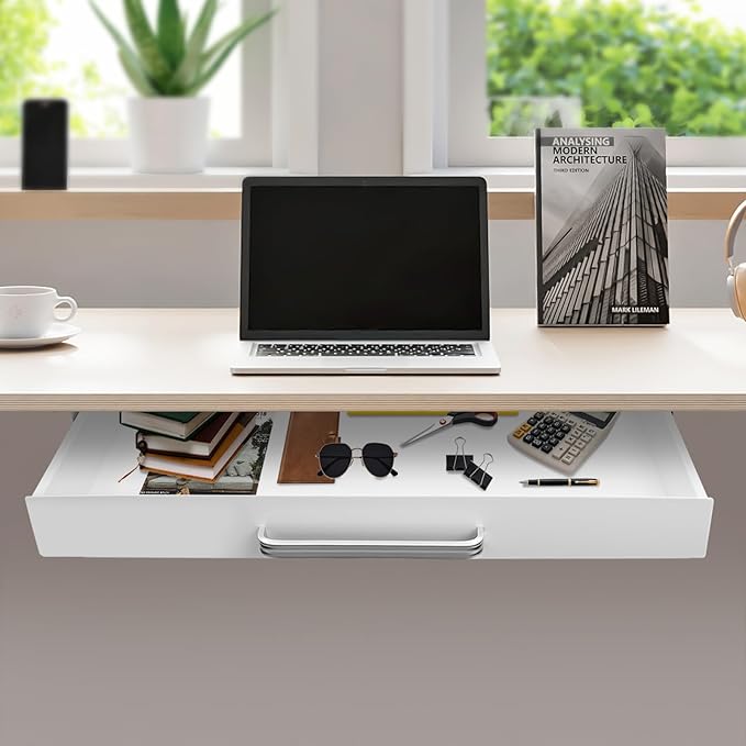 21.5" Under Desk Storage Drawer, White Sliding Pull-Out Drawer for Sit Stand Workstation