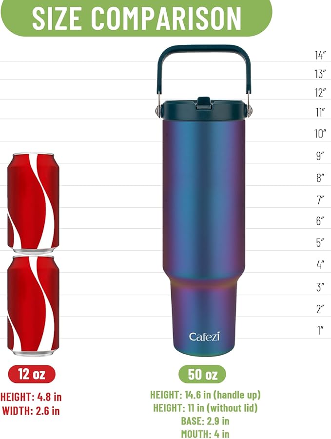 50oz Tumbler with Handle, Stainless Steel Water Bottles with Flip Straw and Top Handle, Leak Proof, Fits in Cup Holder, No Sweat, Cold for 30 Hours, Suitable for Home, Office, Outdoors, Car