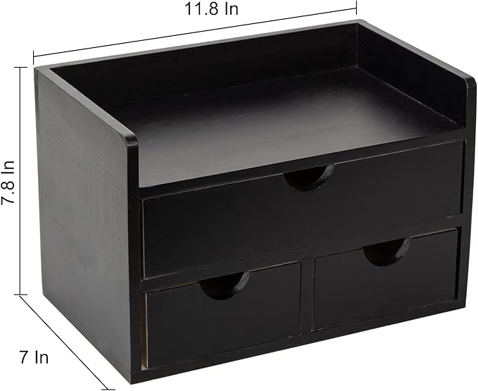 ExoLiry Black Bamboo Desk Organizer Wooden Storage Cabinet 3 Drawers with Shelf Tabletop Organization Box Home Office Workspace Bathroom Toiletries Supplies Caddy Vanity Makeup Stationery Holder