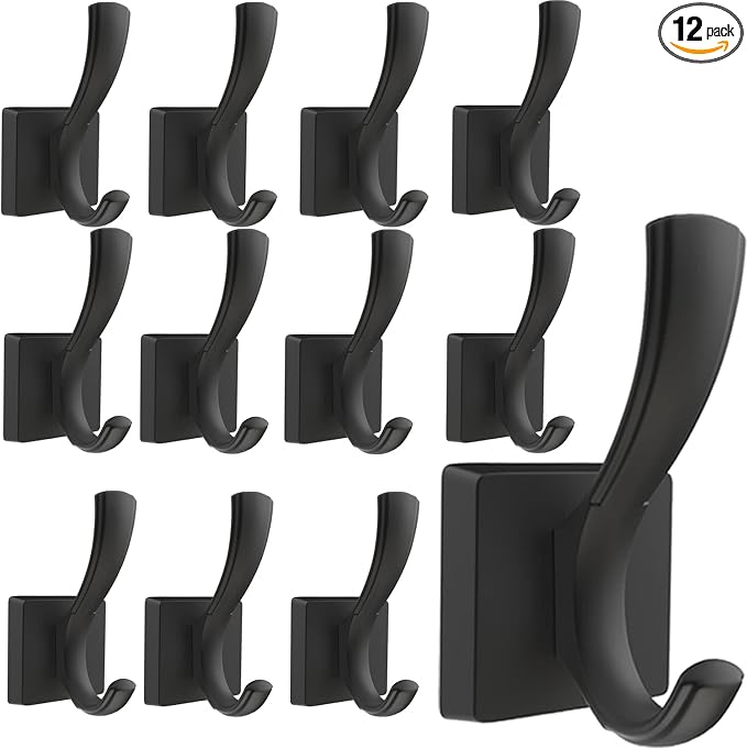 TOFIIGREM Black Coat Hooks for Wall Hanging, Bath Robe Hook Heavy Duty Thick Towel Hooks, Wall Mount Hooks Bathroom Entryway Mudroom Hooks for Hanging Coats Key Robe Hat Backpack (12 Pack, Black)