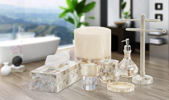 Milano Bathroom Accessories Set - 4 Piece Bathroom Accessory Set with Natural Mother of Pearl Shells - Decorative Bathroom Set Includes: Soap Dispenser, Toothbrush Holder, Tumbler and Soap Dish