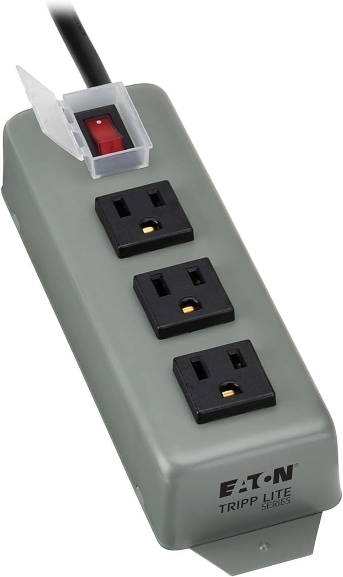 Eaton Tripp Lite Series 3-Outlet Heavy Duty Power Strip, Metal, Mountable (Wall Mount & Under Desk), 9ft Extension Cord, On/Off Switch Cover, Industrial Garage Shop Work Bench Applications (3SP9)