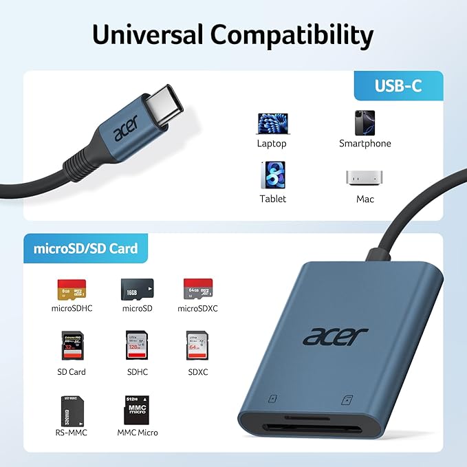 Acer SD Card Reader USB C, Dual Slots Type C to Memory Card Reader, Aluminum Micro SD Card Camera Adapter for MicroSD, SDHC, SDXC, Compatible with iPhone16/15, MacBook, Android, Laptop-Midnight