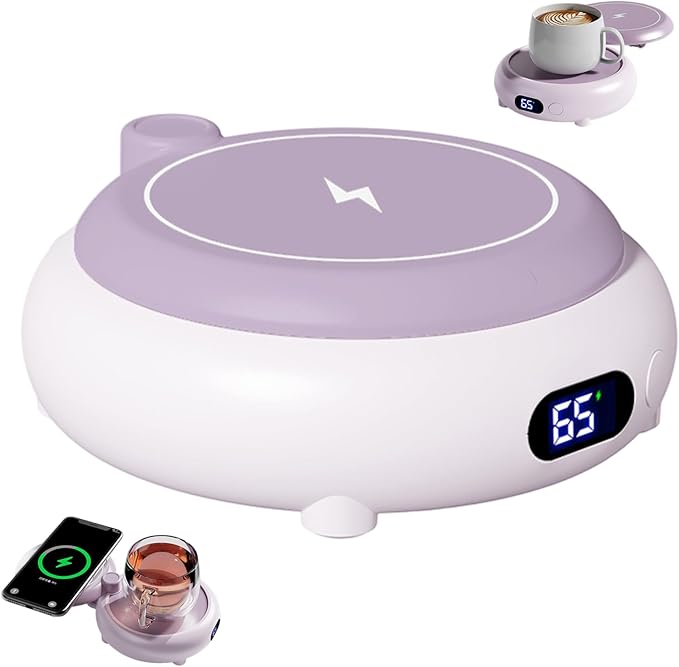 Coffee Mug Warmer for Desk, 3 Heating Setting 2-in-1 Rechargeable Mug Warmer ＆ Phone Chargers Timing Coffee Heater for Desk Home Office