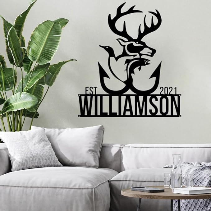 Personalized Deer Hunting Metal Sign, Rustic Antler Wall Art, Black Home Cabin Plaque, Outdoor Christmas Decorations,Custom Wildlife Gift for Men, Hunters and Nature Enthusiasts