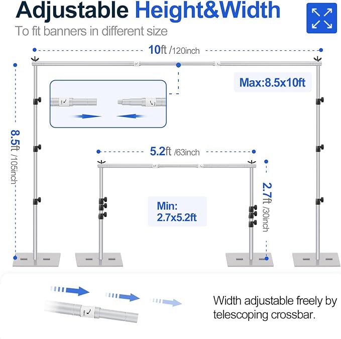 EMART Backdrop Stand, 8.5x10ft Width Adjustable Photography Background Support Poles with Heavy Duty Flat Base, Photo Metal Steel Pipe and Drape Frame Kit for Parties Birthday Wedding - Silver