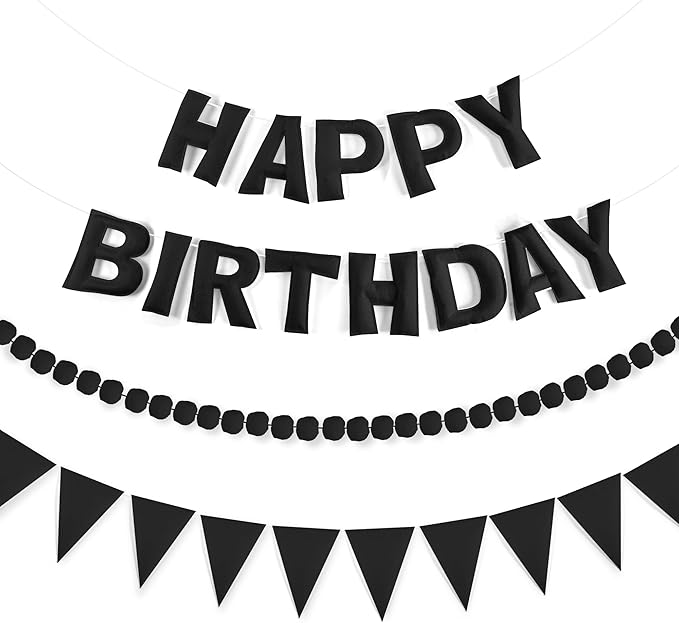 CANREVEL Pre-Strung 3D Happy Birthday Banner, 3 PCS Black Happy Felt Garland, Pom Pom Garland, Triangle Fabric Bunting, Reusable Black Birthday Decorations