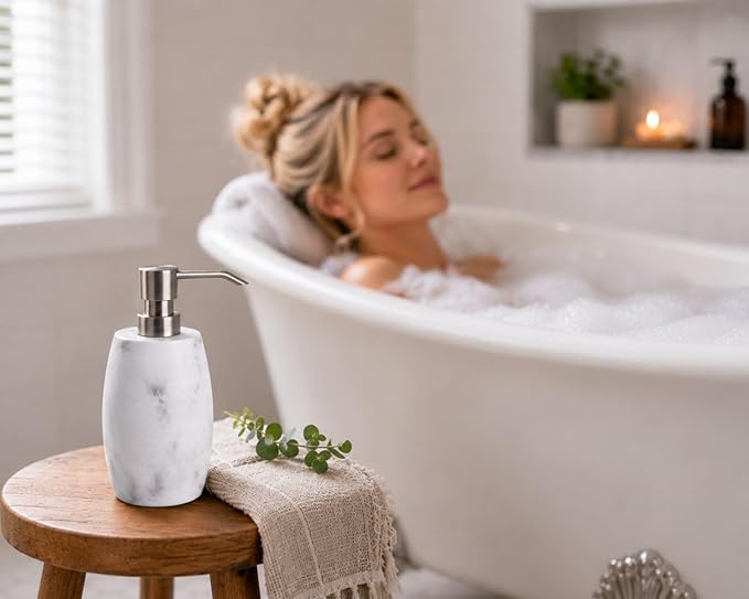 Clasin Home Resin Soap Dispenser Set 2, Refillable Hand Soap Dispenser with White Marble Look and Metallic Pump, Kitchen, Bathroom, Waterproof Labels (12 Oz)