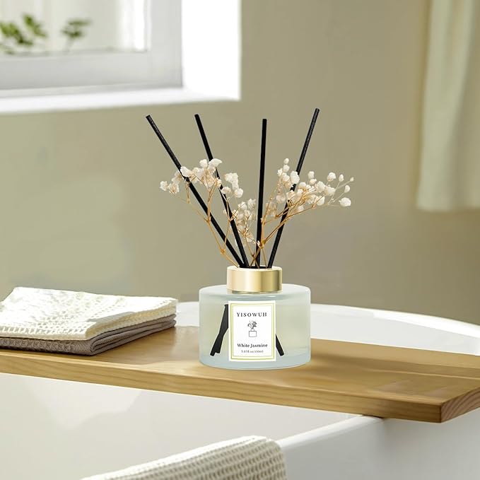 YISOWUH Reed Diffuser Set,5.07 fl oz (150 ml) - White Jasmine Oil Diffusers with 8 Reed Sticks,Home Fragrance Reed Diffuser for Bathroom Shelf Decor