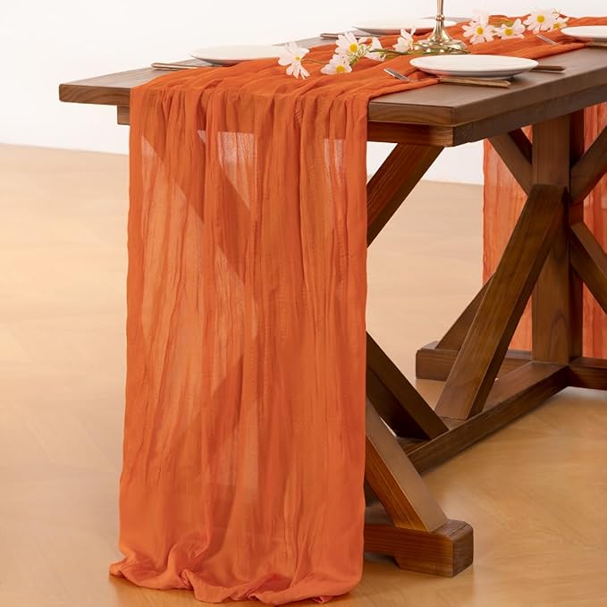 Socomi 6pcs Orange Cheesecloth Table Runner Fall Thanksgiving Boho Rustic Gauze 120 inch 10FT Cheese Cloth Runner for Wedding Party Baby Shower Birthday Home Decor Holiday Decorations
