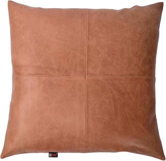 D DOLLY LAMB Lambskin Leather Pillow Cover - Sofa Cushion Case - Decorative Throw Covers for Living Room & Bedroom, 20x20 Inches - Antique Brown Plain