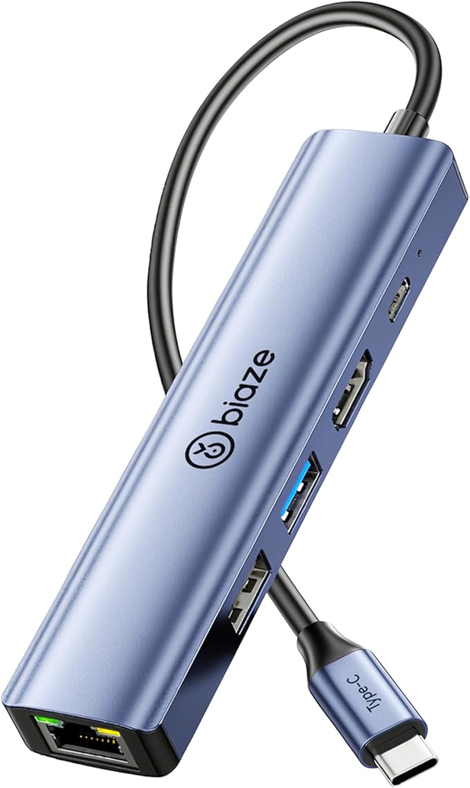 Biaze 4K60Hz USB-C Hub, 5-in-1 USB-C to HDMI Adapter Supports 100W PD Fast Charging, 100Mbps Ethernet, 4K@60Hz HDMI, USB 3.0 Compatible with MacBook Pro/Air, Laptop Type-C Docking Station