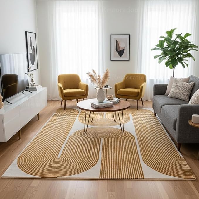 Modern Handmade Wool Area Rug, Abstract Curved Line Geometric Carpet for Living Room Bedroom, Contemporary Tufted Indoor Rug with Soft Pile and Cotton Backing (Gold, 4' x 6')
