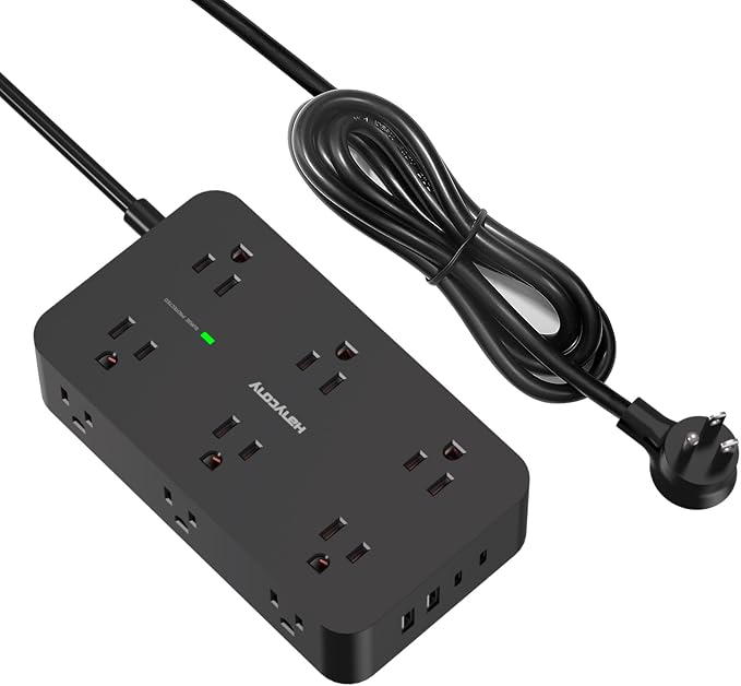 Black Extension Cord 15 Ft, HANYCONY Power Strip with 1080J Surge Protection, 12 Outlets with 4 USB Ports(2 USB C), Wall Mount, Desk Charging Station for Office Home College Dorm Room Essentials