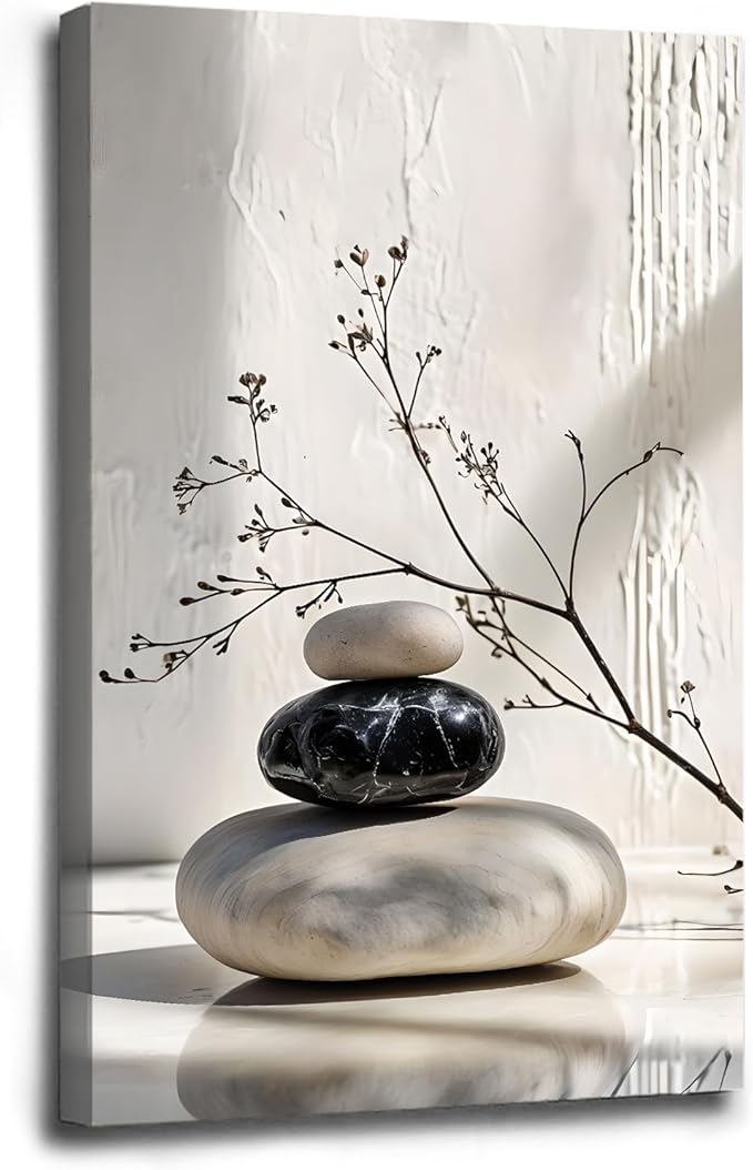 Gray and black stone pile and dried flowers poster canvas wall art in harmony Minimalist wall art for tranquil homes and mindful spaces 20x30in Wood Framed