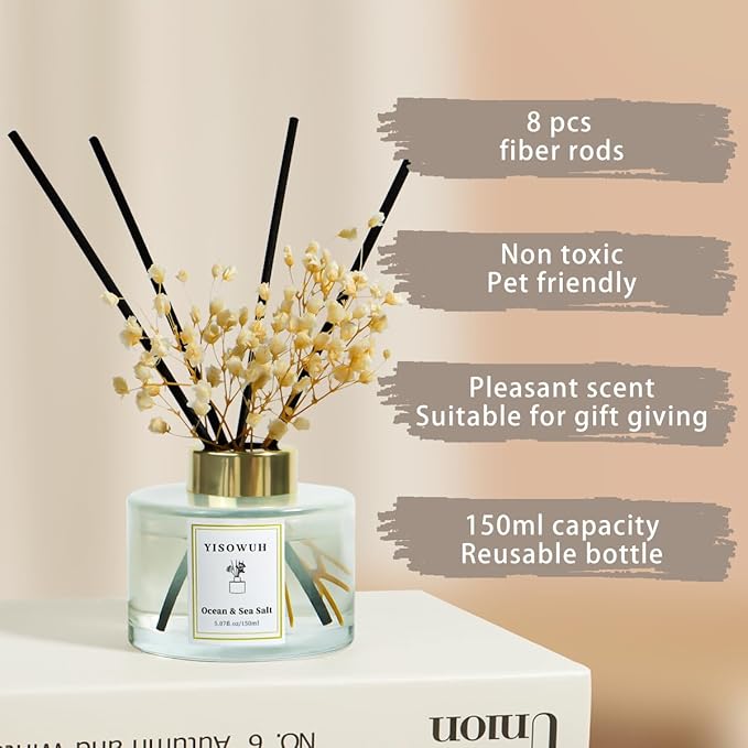 YISOWUH Reed Diffuser Set,5.07 fl oz (150 ml) - Ocean & Sea Salt Oil Diffusers with 8 Reed Sticks,Home Fragrance Reed Diffuser for Bathroom Shelf Decor