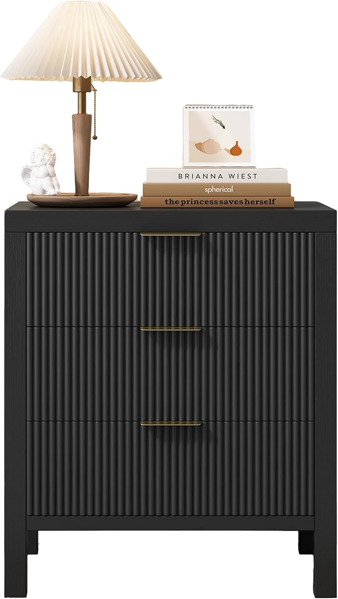 LSKTGA 3 Drawer Dresser, Chest of Drawers Organizer with Waveform Panel, Large Fluted Dresser with Wide Drawers and Golden Handles, Wood Storage for Bedroom, Hallway, Entryway, Black