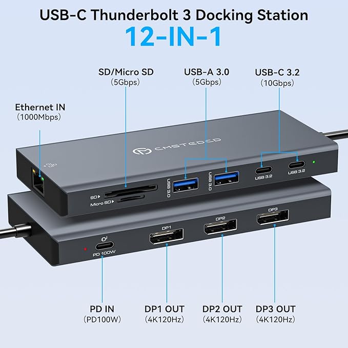 DGYBDFC USB C Docking Station 3 Monitors 100W PD 4K120Hz 12 in 1 Thunderbolt to Triple Displayport Docking Station USB C Hub Multiple Adapter, 2xUSB-C 3.2, 2xUSB-A 3.0, SD Card, 1000Mbps Ethernet