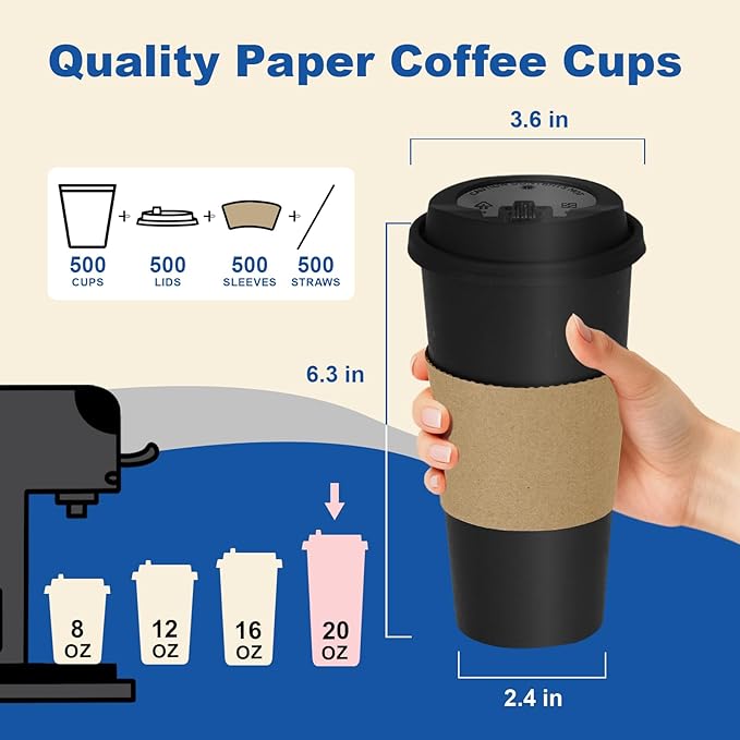 Coolcap 20 oz 500 Pack Coffee Cups with Lids and Sleeves, Straws, Hot Disposable To Go Travel Paper Cups Bulk for Office, Home Coffee Bar Accessories, Chocolate, Cocoa, Beverage (Black)