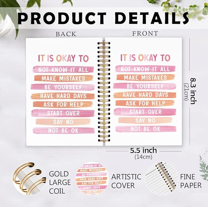 dvhdajed Pink Mental Health Spiral Notebook, It's Okay to Inspirational Journaling Notebooks, Pink Therapy Spiral Journal for Girls Women Girls, Mental Health Office School Supplies Gifts, 5.5x8.3 In