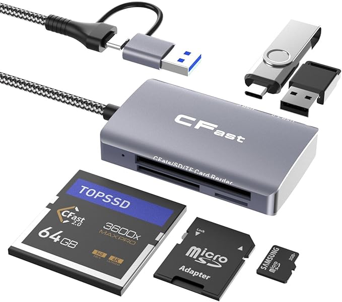 CFast Card Reader, 5 in 2 CFast 2.0 SD/TF Memory Card Reader, 5Gbps PD/USB 3.2 Gen 1 Adapter with USB C/USB A Cable Compatible with Windows/Mac/Linux/Android (5 in 2)