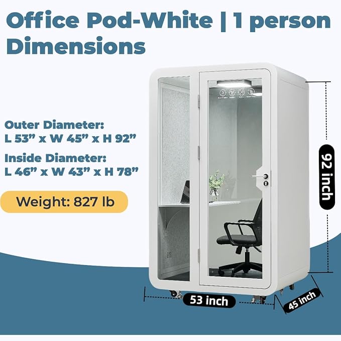 Solo Office Pod, Sound Pod, Mobile Office Pod Booth, SoundProof Booth for Home, Privacy pod, Mobile Roller with Desk, LED Light, Centrifugal Fans and AC USB Ports - White