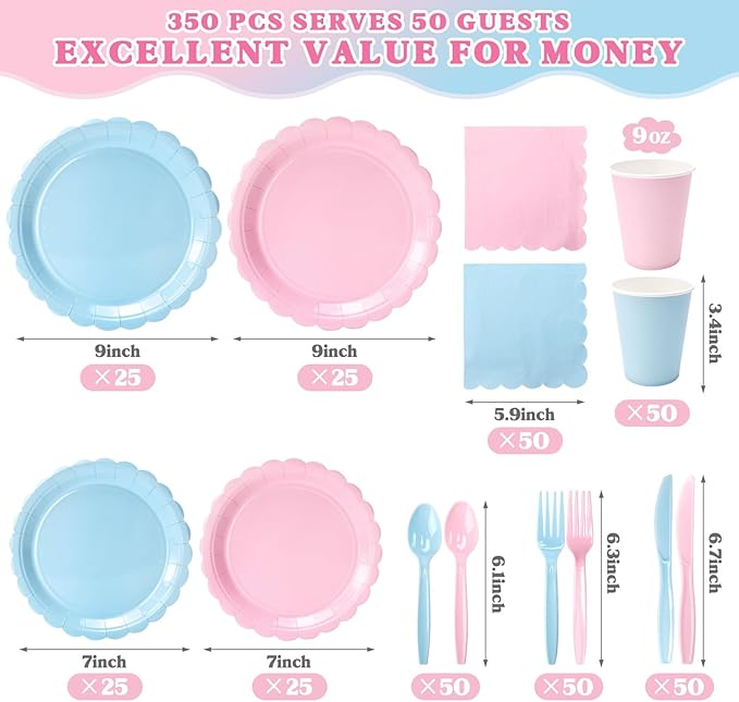 Vyntra 350 PCS Disposable Plates for Party, Paper Plates & Napkins Set with Cups, Knives, Forks, Spoons, 7'' Dessert and 9'' Dinner Plates for Gender Reveal, Baby Shower - Pink and Blue