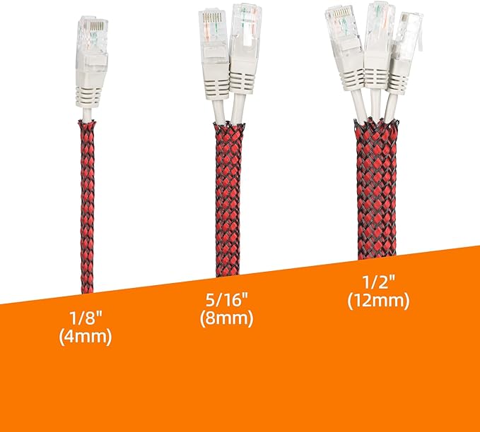 Braided Expandable Cable Sleeve, 25ft PP Cotton and PET Braided Cable Management, Flexible Mesh Wire Loom and Cable Protector for TV, Computer, Home Theater, Automotive (Red, 1/8")