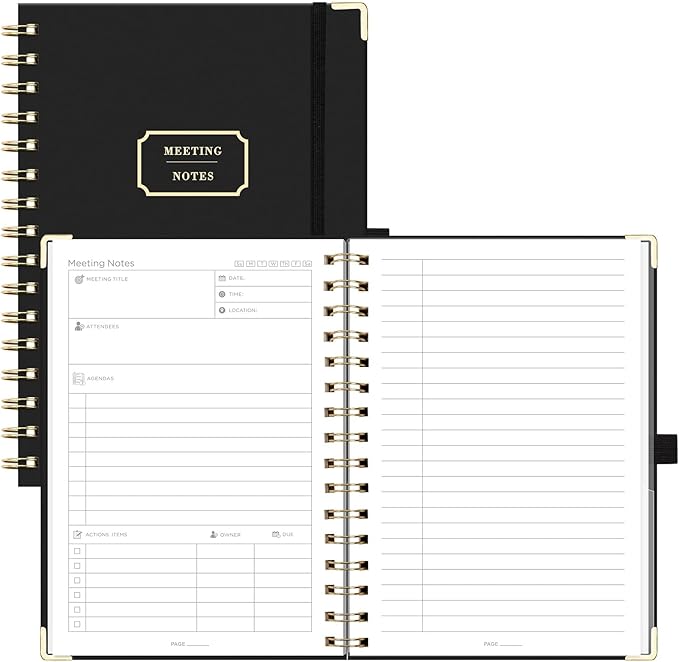 EMSHOI Meeting Notebook for Work - A5 Half Meeting Half Note Planner, 140 Pages, 100GSM Thick Paper, Hardcover, Project Organizer for Women Men Office, Business, Note Taking, 6"x8.3" - Black