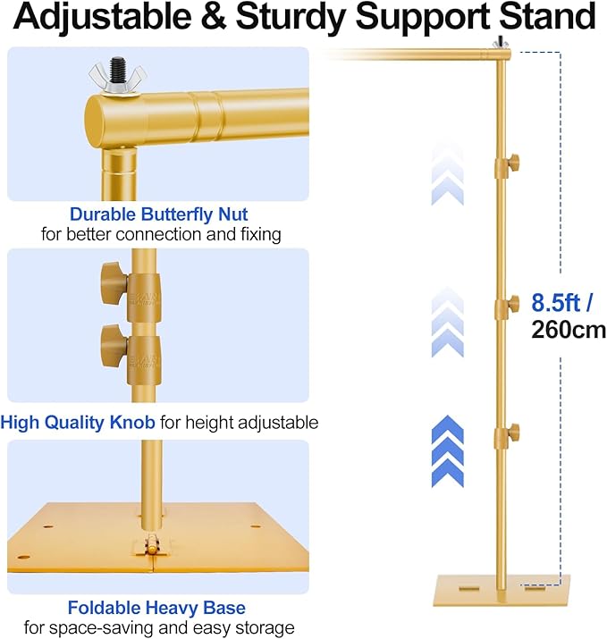 EMART Backdrop Stand, 8.5x10ft Width Adjustable Photography Background Support Poles with Heavy Duty Flat Base, Photo Metal Steel Pipe and Drape Frame Kit for Parties Birthday Wedding - Gold