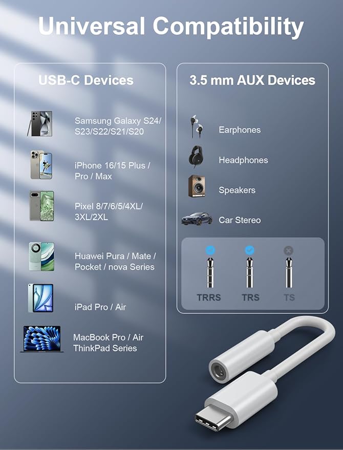 USB-C to 3.5mm Audio Headphone Adapter - HiFi 500 Pack Compatible with Apple iPhone 17 16 15 Samsung Galaxy S25 S24 S23 S22 S21 Plus Pro Max Ultra Pixel iPad - Type C to Aux Cord Jack Dongle Adapter
