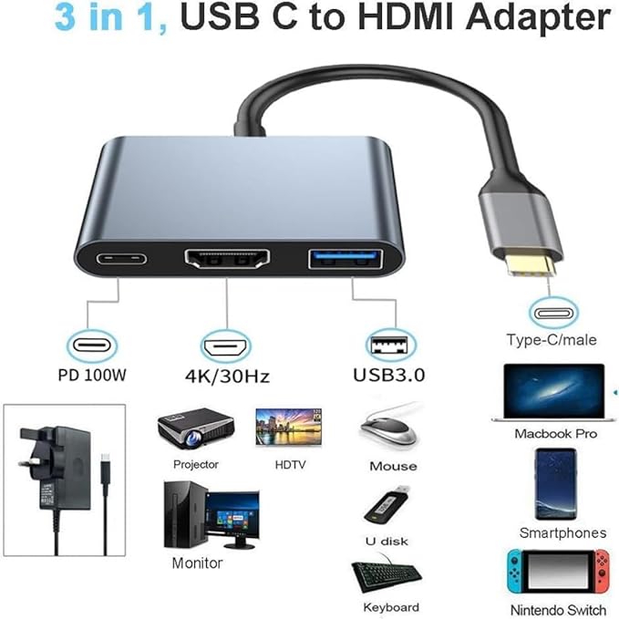 HCUSR 3 in 1 Type C to HDMI Docking Station USB Hub Multiport Adapter AV Converter with 4KHDMI Output,100W PD, USB A 3.0 Port Hub Dongle Docking Station for Laptop PC Tablets (Black)