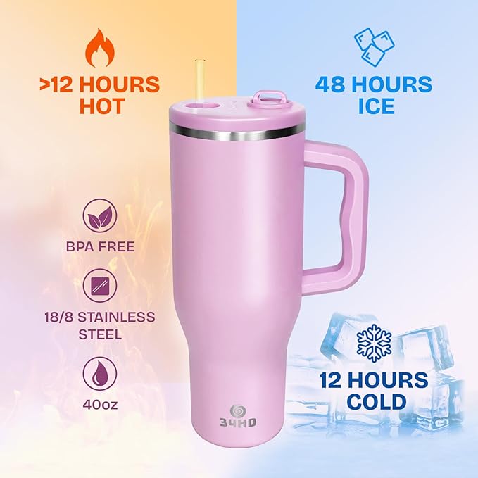 34HD 40 oz Stainless Steel Tumbler - Leakproof Insulated Water Bottle with Handle, Magnetic Lid and Flexible Straw - Iced for 48 Hours – Perfect for Men, Women, Birthday Gift, Pink - Blush Petal