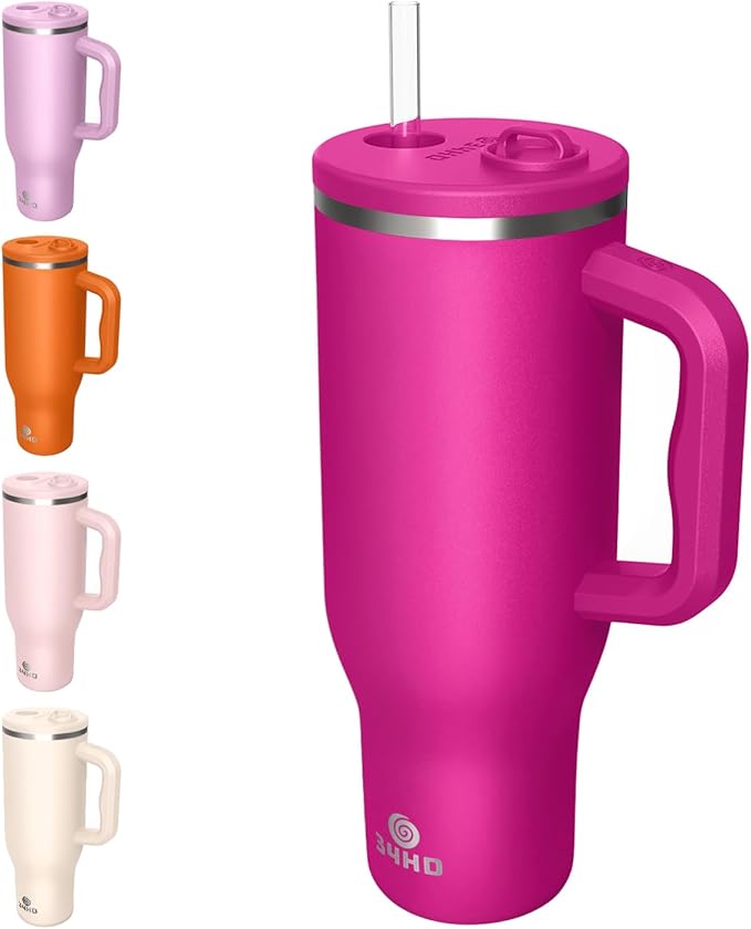 34HD 40 oz Stainless Steel Tumbler - Leakproof Insulated Water Bottle with Handle, Magnetic Lid and Flexible Straw - Iced for 48 Hours – Perfect for Men, Women, Birthday Gift, Pink - Hot Pink