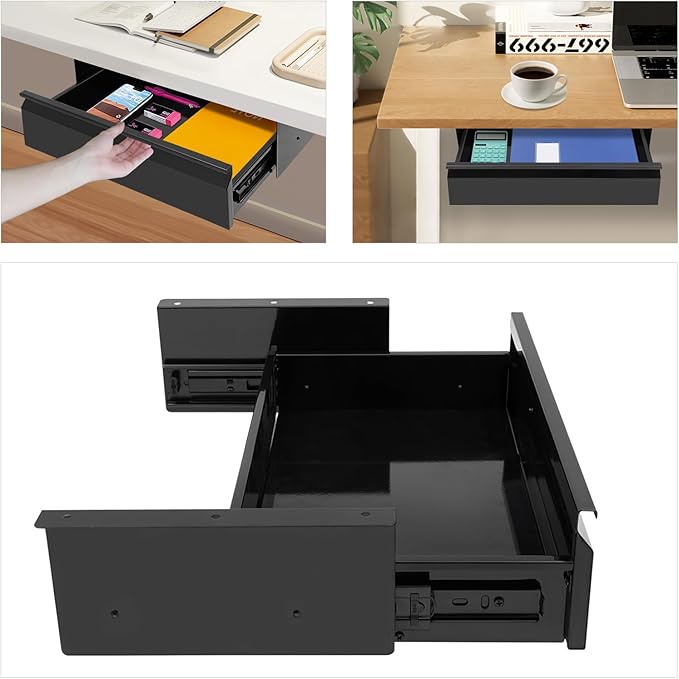 16" Under Desk Drawer Slide Out For Office Desk, Storage Organizer For Sit Stand Workstation, Black