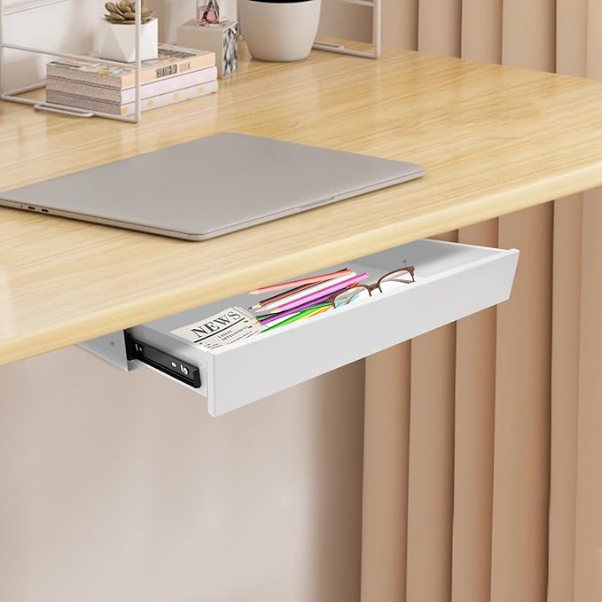DouSeiAi Under Desk Drawer Slide Out For Office Desk, Storage Organizer For Sit Stand Workstation, 22” x 14” x 3”, White