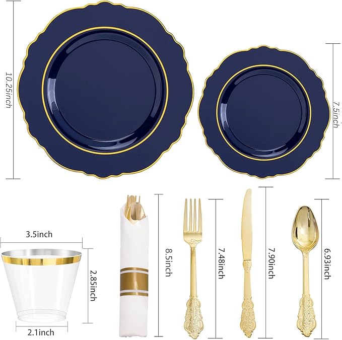 Liacere 350PCS Navy Blue Plastic Plates-Disposable Blue Gold Plates 50guest Plastic Dinnerware include 100Plates,50Pack Pre Rolled Napkins with Silverware 50Cups for Christmas ＆ Hanukkah