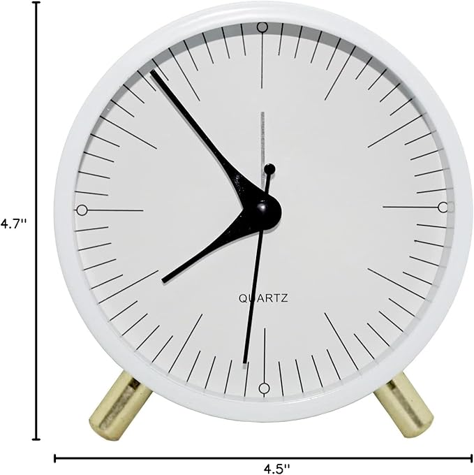 SHISEDECO Alarm Clock with Backlight, 4.5 inches Bedside Analog Non-Ticking Silent Small Deskclock with Arabic Numerals, Battery Operated Round Tableclock for Living Room, Bedroom (White-S)