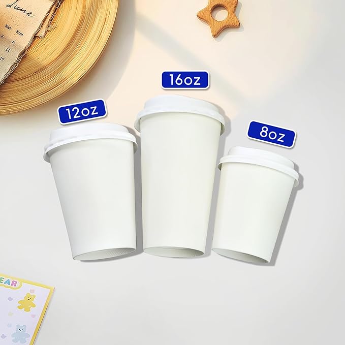 100 Pack 12oz Disposable Coffee Cups With Lids straws sleeves, Disposable cups, Paper Cup, Tea Cups for Hot To Go Coffee k cups with lids, Cupping set,Beverages, shop Home Office Party Travel