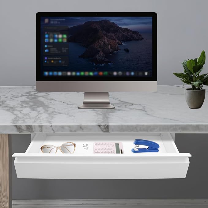 FFanhia 22 Inch Under Desk Mounted Sliding Pull-out Drawer Storage for Sit Stand Workstation Office(Applicable Table Thickness: 0.79in) White