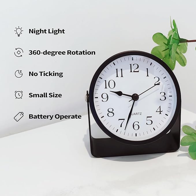 SCOAGE Small Luminous Desk Analog Alarm Clock Metal Bracket 360° Rotating Shelf Clock with Light Battery Powered Bedside Silent Cute Alarm Clock for Heavy Sleepers Elderly and Children Office Bathroom