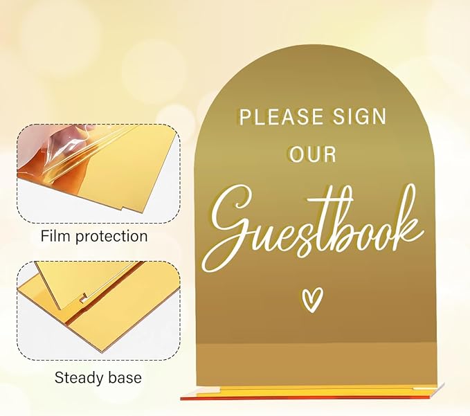 Acrylic Wedding Sign, Bridal Shower Decorations, Please Sign Our Guestbook Sign for Ceremony, Modern Font Table Signs, Gold Mirror Arched Acrylic Tabletop Signs for Wedding Reception and Event Party