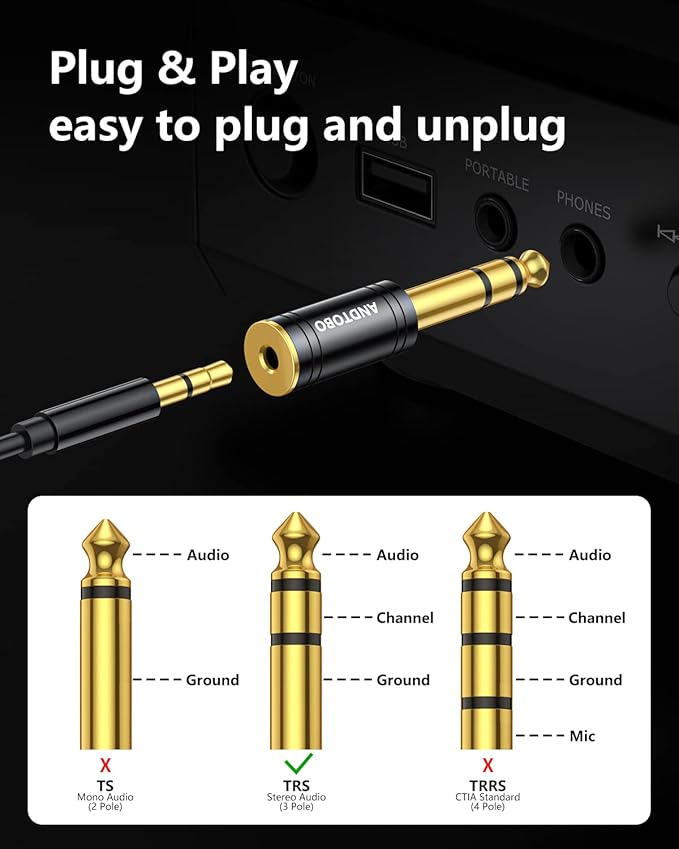 ANDTOBO 1/4 inch Male to 3.5mm Female Stereo Audio Jack Pure Copper Adapter for Headphone, Amp, 2 Pack-Black