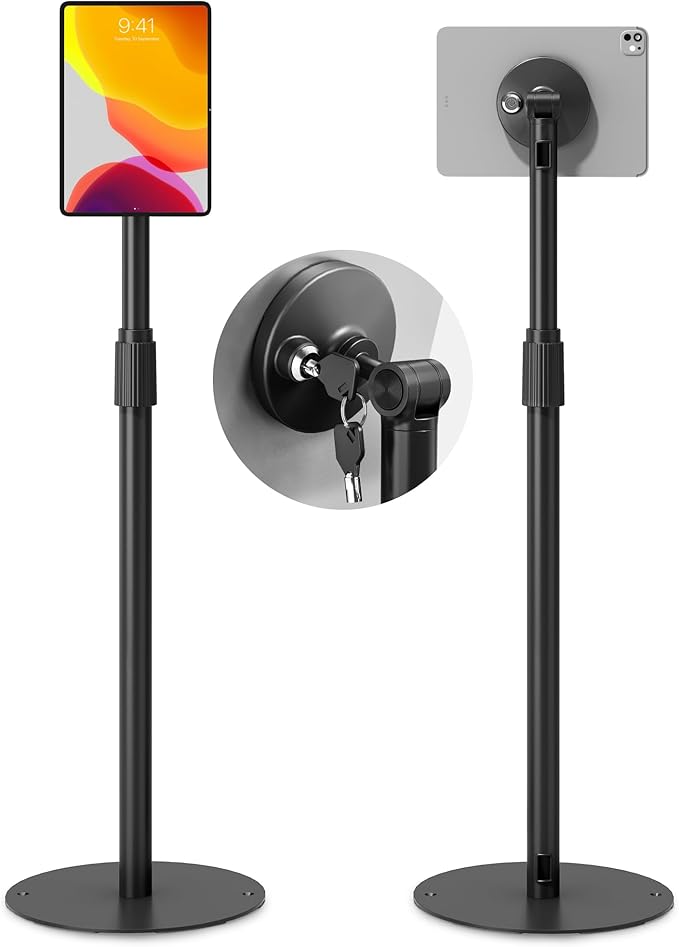 monTEK Anti-Theft Tablet Floor Stand, Frameless Universal Tablet Kiosk with Security Lock Fit 7”-15” Screen Size, Height Adjustable Floor Stand Compatible with IPad Pro/Air/Mini and Samsung Tab, Black