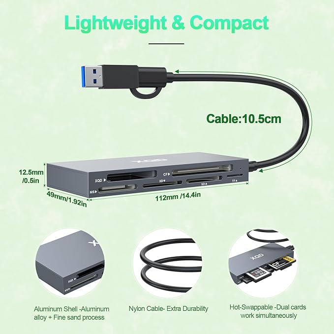 USB 3.0 Multi 8 in 1 USB C/USB A XQD Card Reader for Sony G M Series/Lexar 2933x/1400x Mark XQD/CF/XD/MS/SD/TF,10Gbps Type C Memory Card Adapter for Windows/Mac OS/Linux/Android