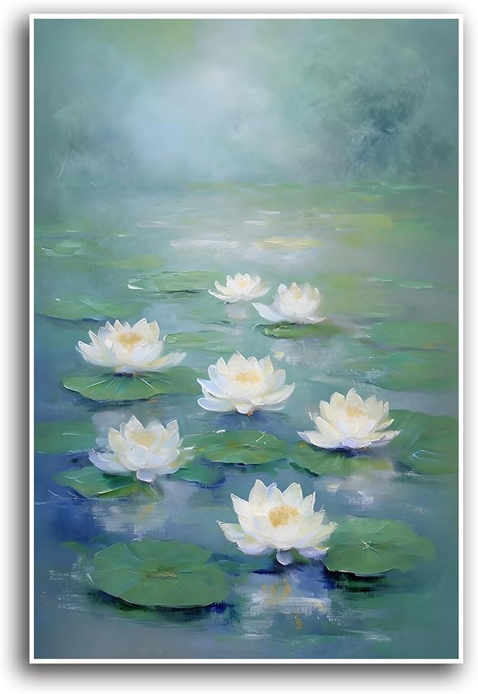 Zen wall art Delicate white lotus flower floating on calm water Vintage oil painting print Serene aquatic wall art creates a tranquil home decor 12x18in Frameless