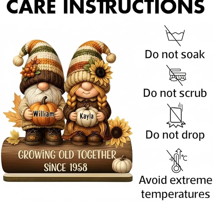Personalized Gnome Couple Figurine, Growing Old Together Since 1958, Custom Autumn Decoration, Unique Fall Holiday for Couple, Engraved Family Ornament for Parents and Grandparents